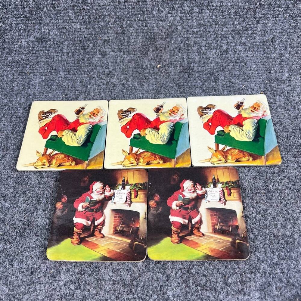 Vintage 2000 Coca-Cola Santa Coasters Set of 5 Cork Backing Christmas Decor